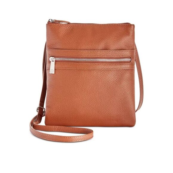 Giani Bernini Triple Zip Pebble Leather Dasher Crossbody Bag Cognac Pre-Owned - Picture 1 of 5